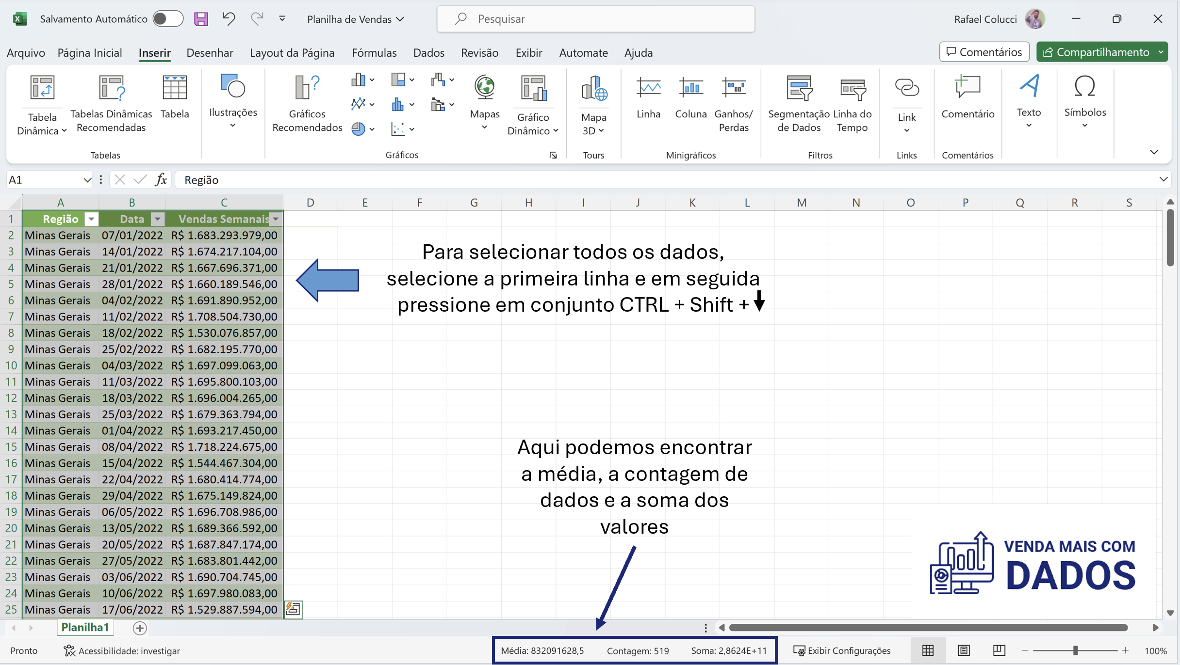Análise inicial de uma planilha no Excel a partir da seleção dos dados