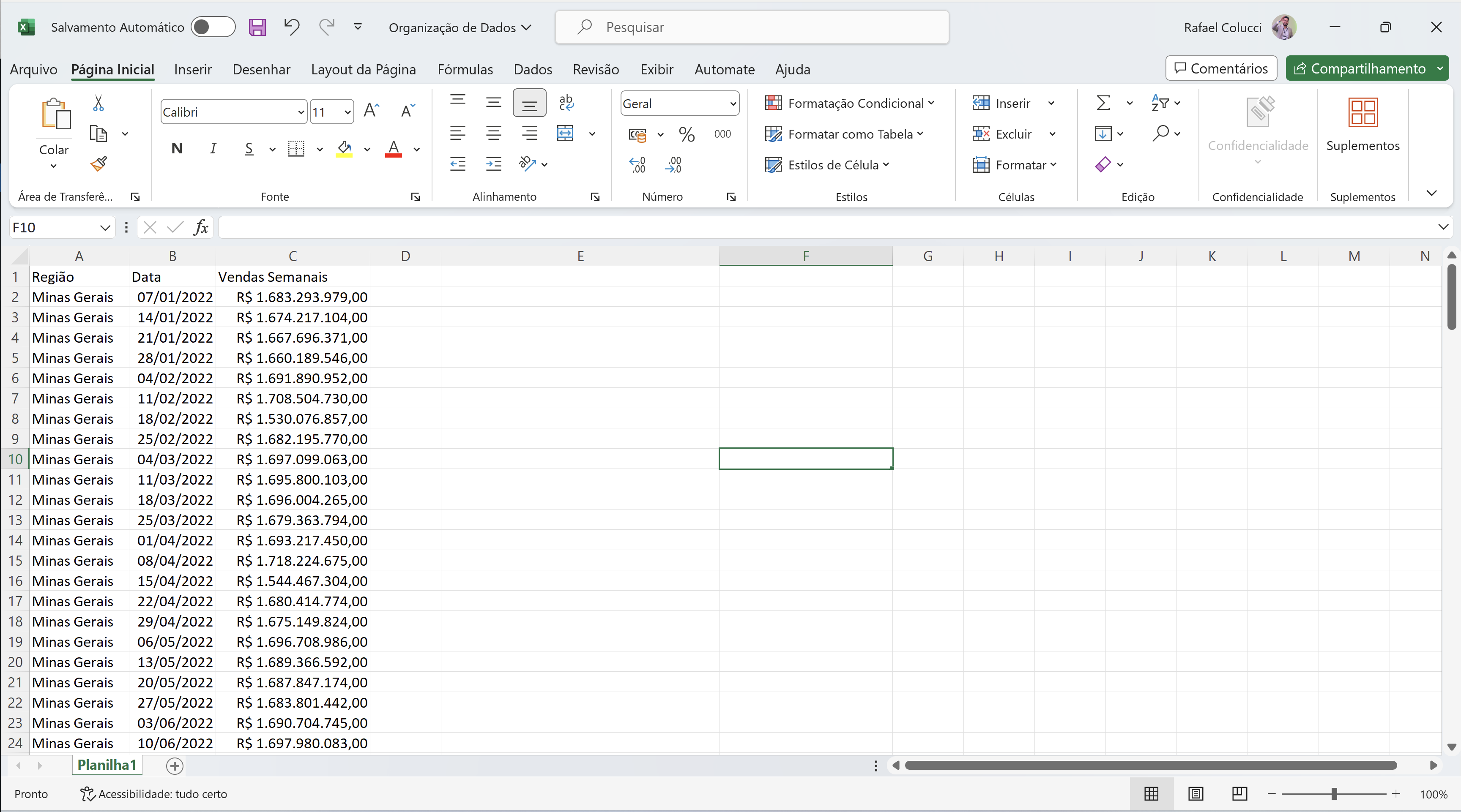 Estilo de moeda aplicada a coluna vendas semanais é fundamental para Excel básico para iniciantes em vendas