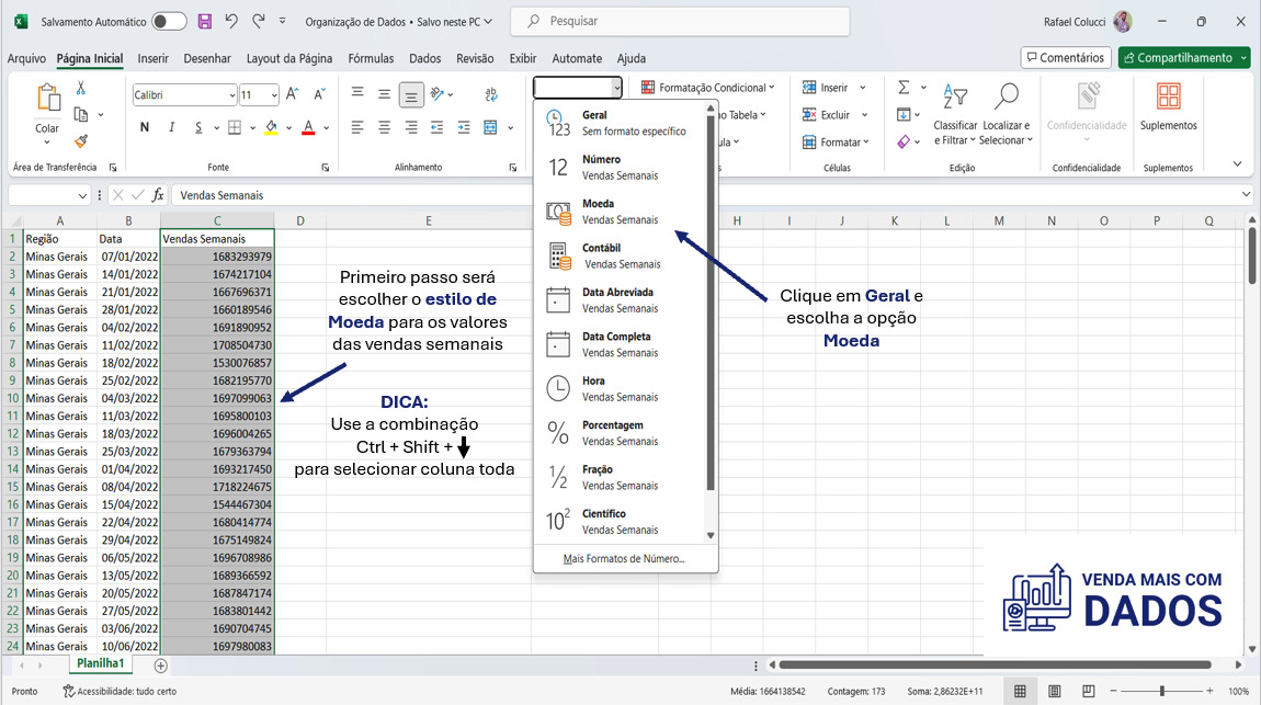 Excel básico para iniciantes em vendas escolha o estilo de moeda para sua planilha