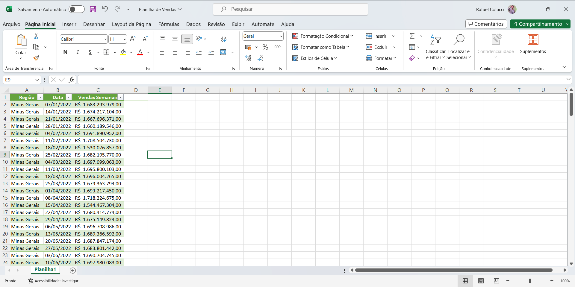 Planilha de vendas semanais no Excel