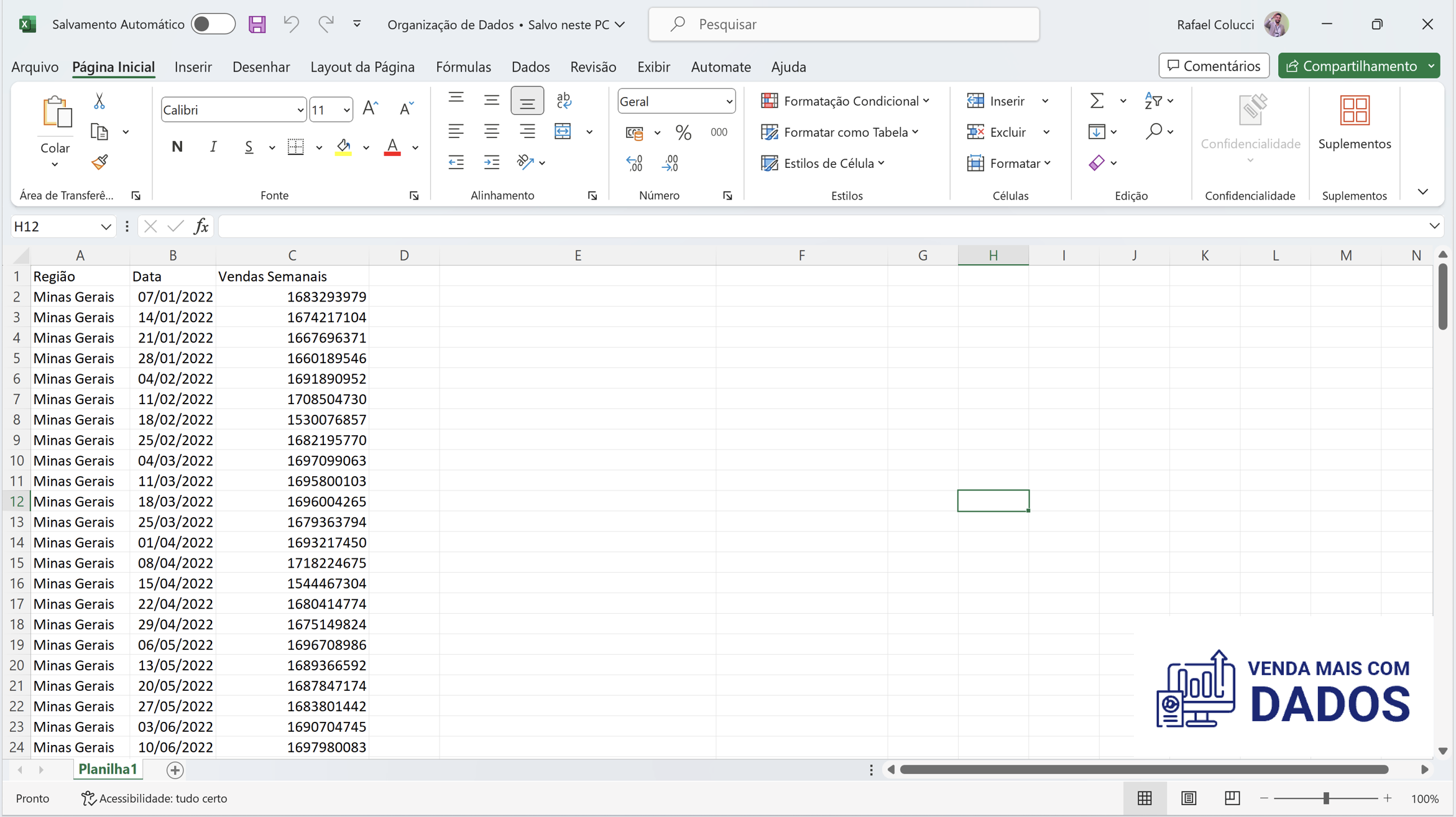 Planilha que será utilizada no artigo Excel básico para iniciantes em vendas