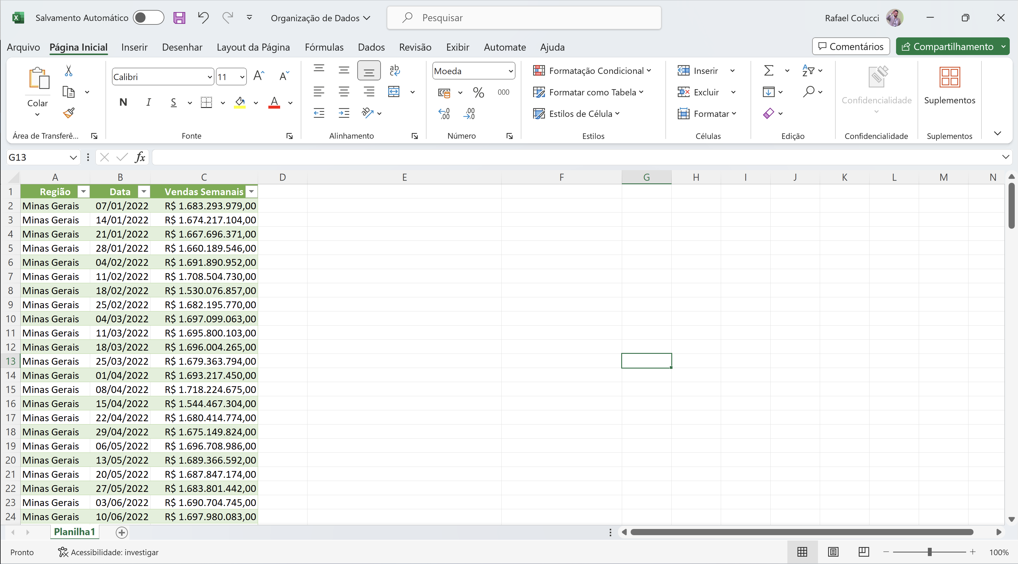 Planilha de vendas com cores e filtros após utilizar Formatar como Tabela.