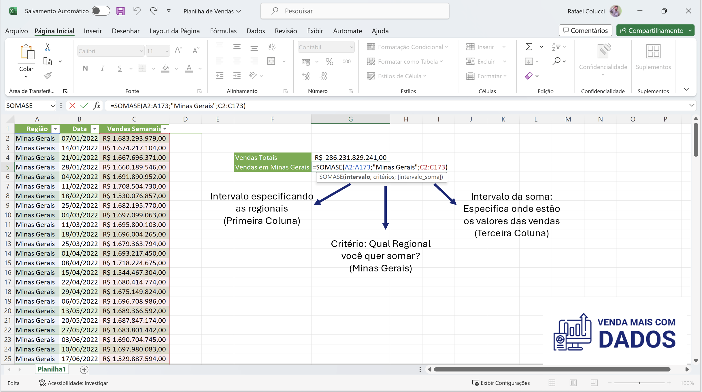 Função Somase utilizada em vendas e sua sintaxe