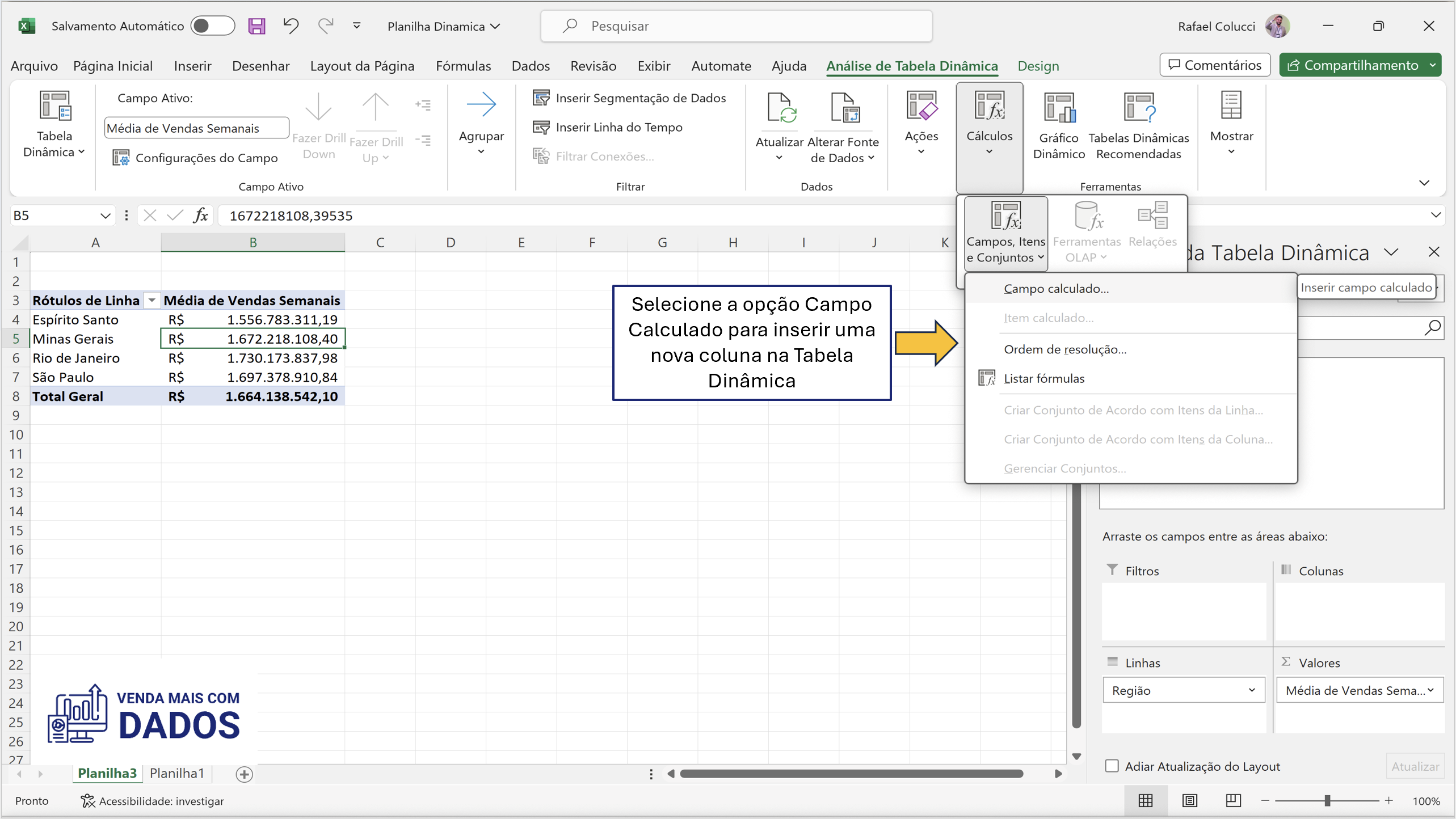 Tabela Dinâmica Excel inserindo novos campos na planilha