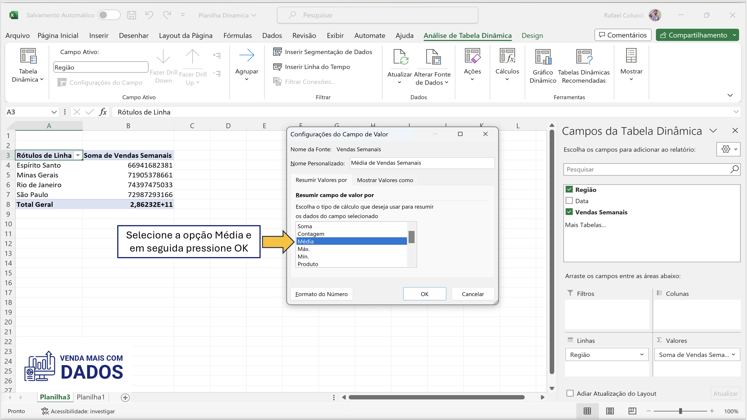Excel passo a passo e seus recursos para calcular média em tabelas dinâmicas