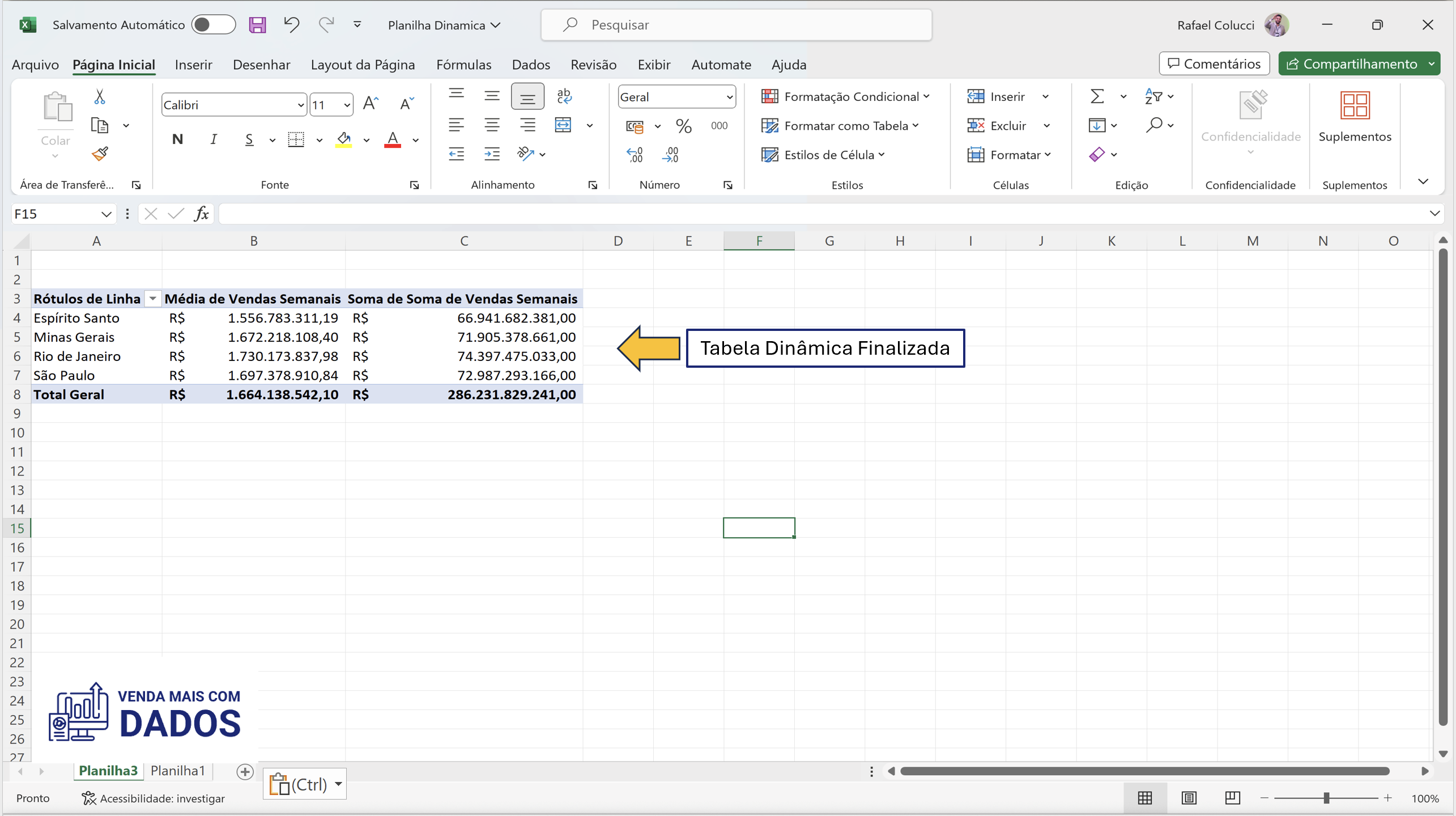 Tabela dinâmica desenvolvida no Excel