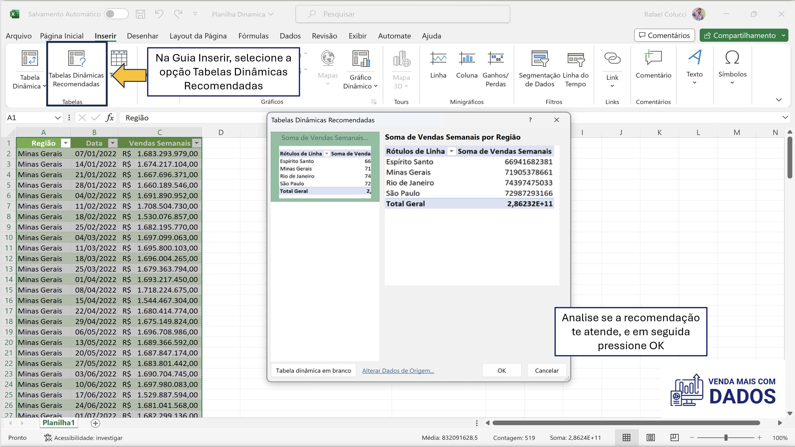 Tabela Dinâmica Excel Passo a Passo clique em tabela dinâmica recomendada