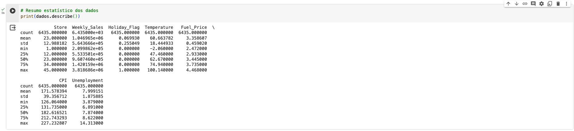 A função describe do Phyton te ajuda a obter as estatísticas descritivas da base de dados
