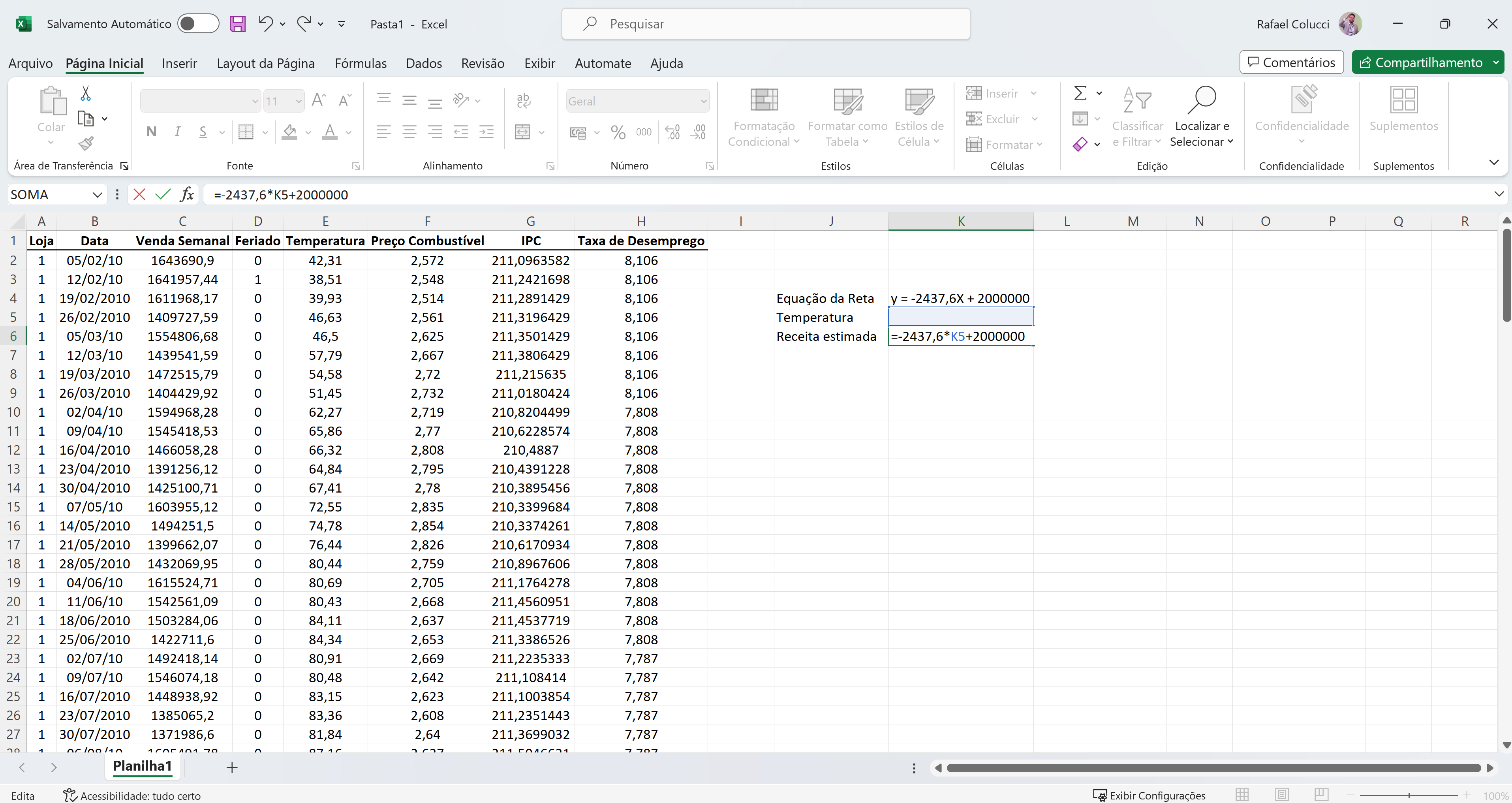 Inserindo fórmulas no Excel para previsão de vendas