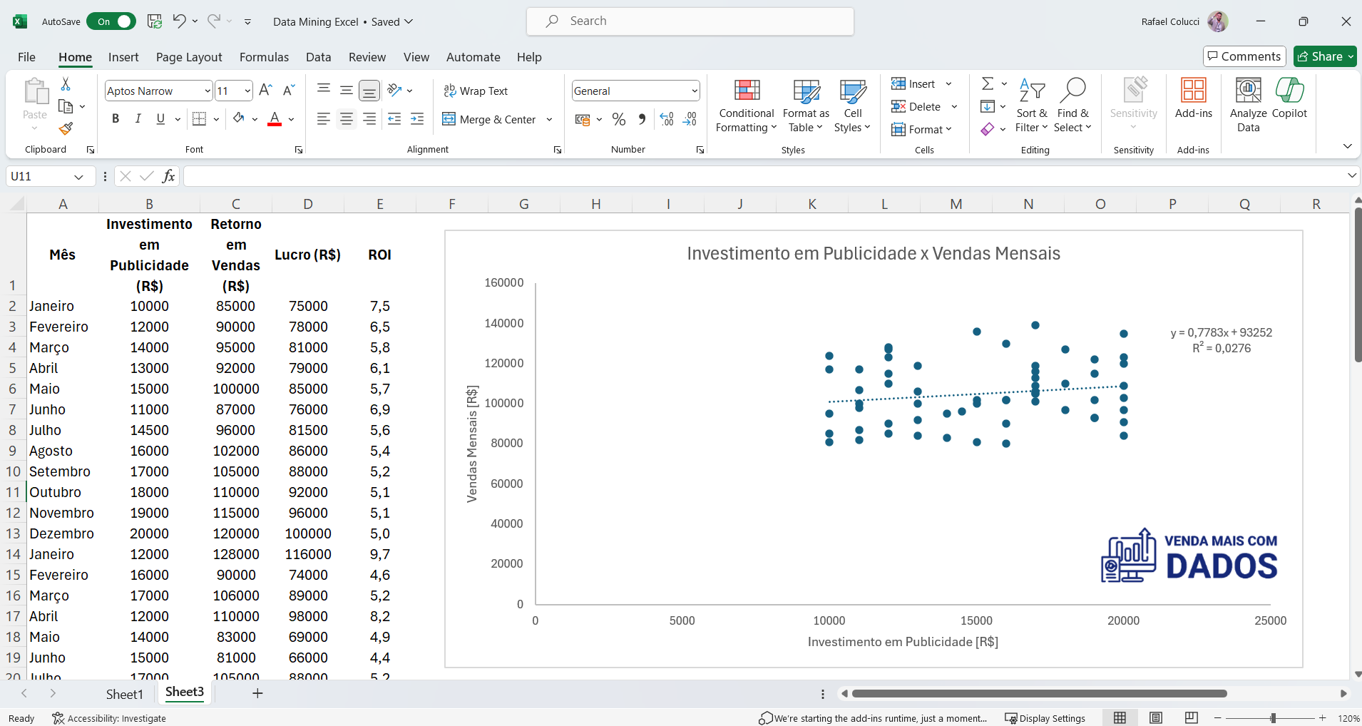 Data Mining no Excel utilizando ferramentas para regressão linear